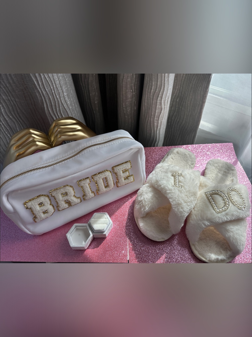 White 'BRIDE' Pouch with Pearl-Embellished White Slippers & ring 💍 holder Bundle